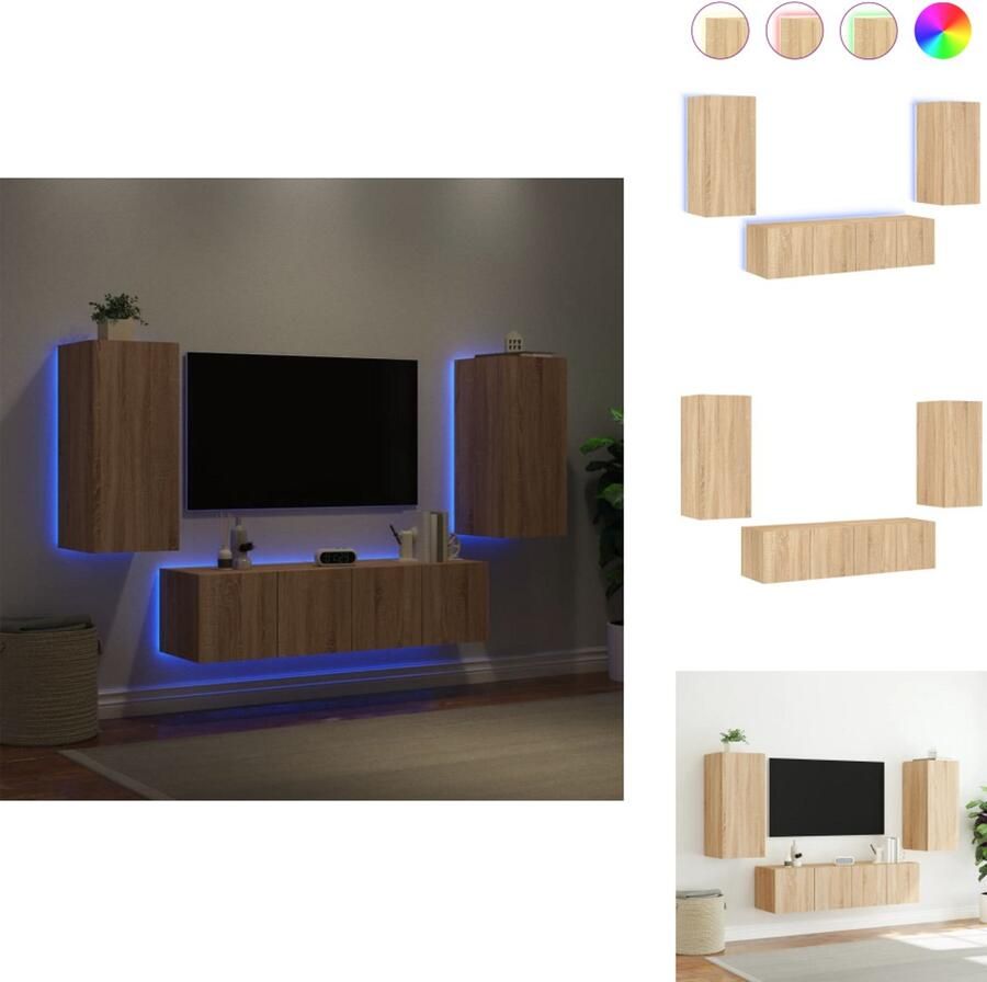 VidaXL Tv-wandmeubel Tv-wandmeubels Tv-meubel Televisiemeubel 4-delige Tv-wandmeubelset met LED bewerkt hout sonoma eiken