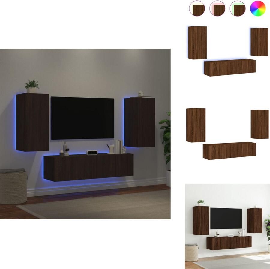 VidaXL Tv-wandmeubel Tv-wandmeubels Tv-meubel Televisiemeubel 4-delige Tv-wandmeubelset met LED bewerkt hout bruineikenkleur
