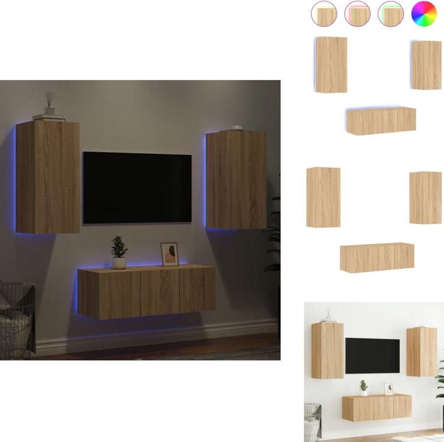 VidaXL Tv-wandmeubel Tv-wandmeubels Tv-meubel Televisiemeubel 4-delige Tv-wandmeubelset met LED bewerkt hout sonoma eiken