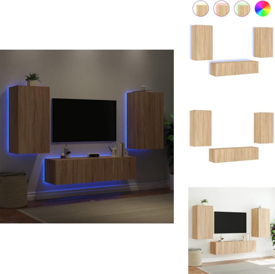 VidaXL Tv-wandmeubel Tv-wandmeubels Tv-meubel Televisiemeubel 4-delige Tv-wandmeubelset met LED bewerkt hout sonoma eiken