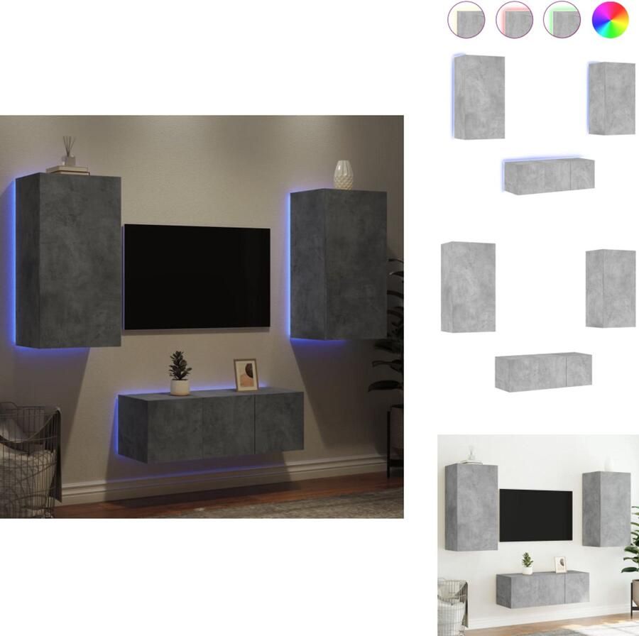 VidaXL Tv-wandmeubel Tv-wandmeubels Tv-meubel Televisiemeubel 4-delige Tv-wandmeubelset met LED bewerkt hout betongrijs
