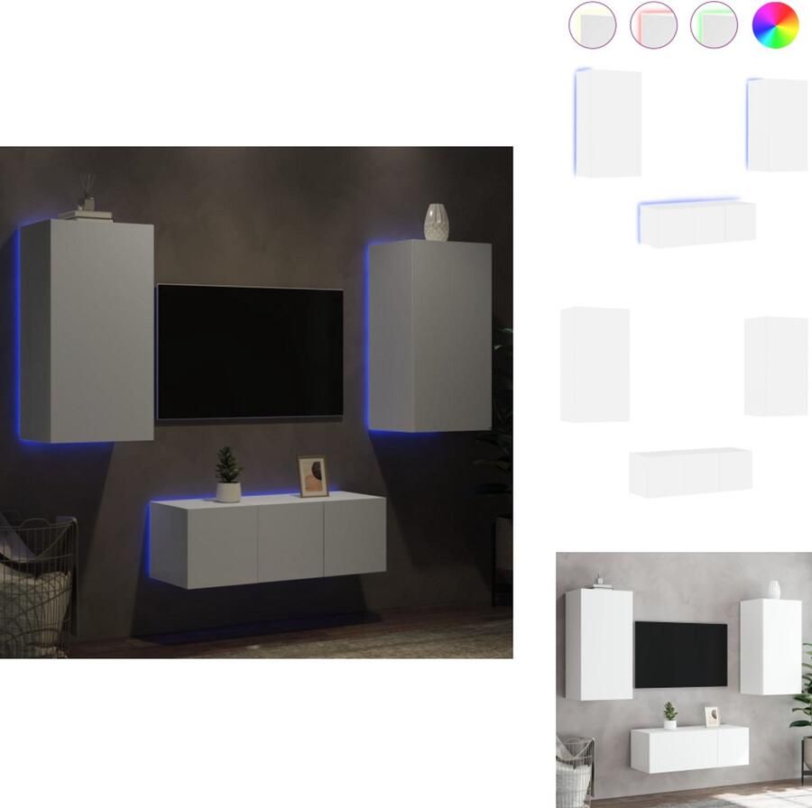 VidaXL Tv-wandmeubel Tv-wandmeubels Tv-meubel Televisiemeubel 4-delige Tv-wandmeubelset met LED-verlichting bewerkt hout wit