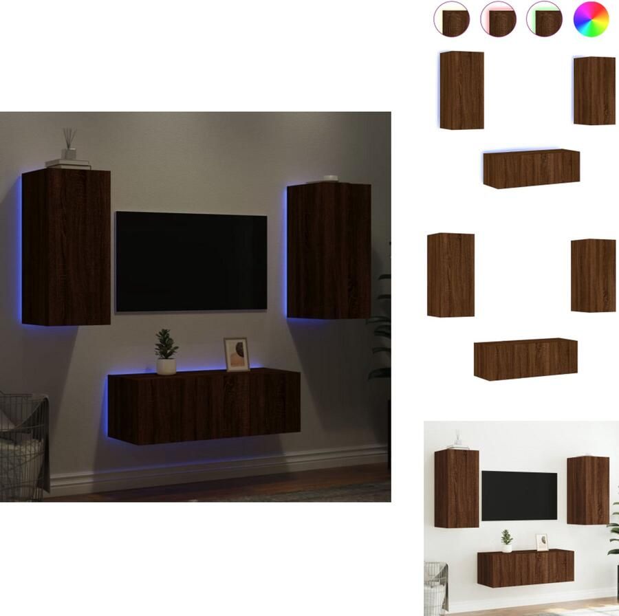 VidaXL Tv-wandmeubel Tv-wandmeubels Tv-meubel Televisiemeubel 4-delige Tv-wandmeubelset met LED bewerkt hout bruineikenkleur