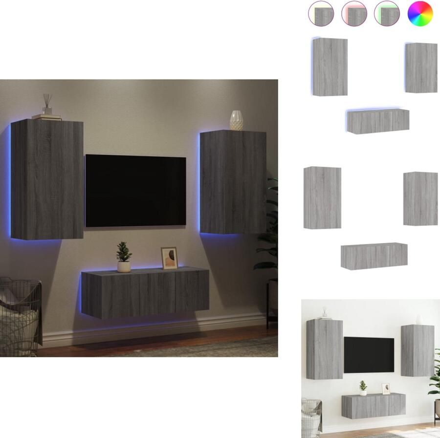 VidaXL Tv-wandmeubel Tv-wandmeubels Tv-meubel Televisiemeubel 4-delige Tv-wandmeubelset met LED bewerkt hout grijs sonoma
