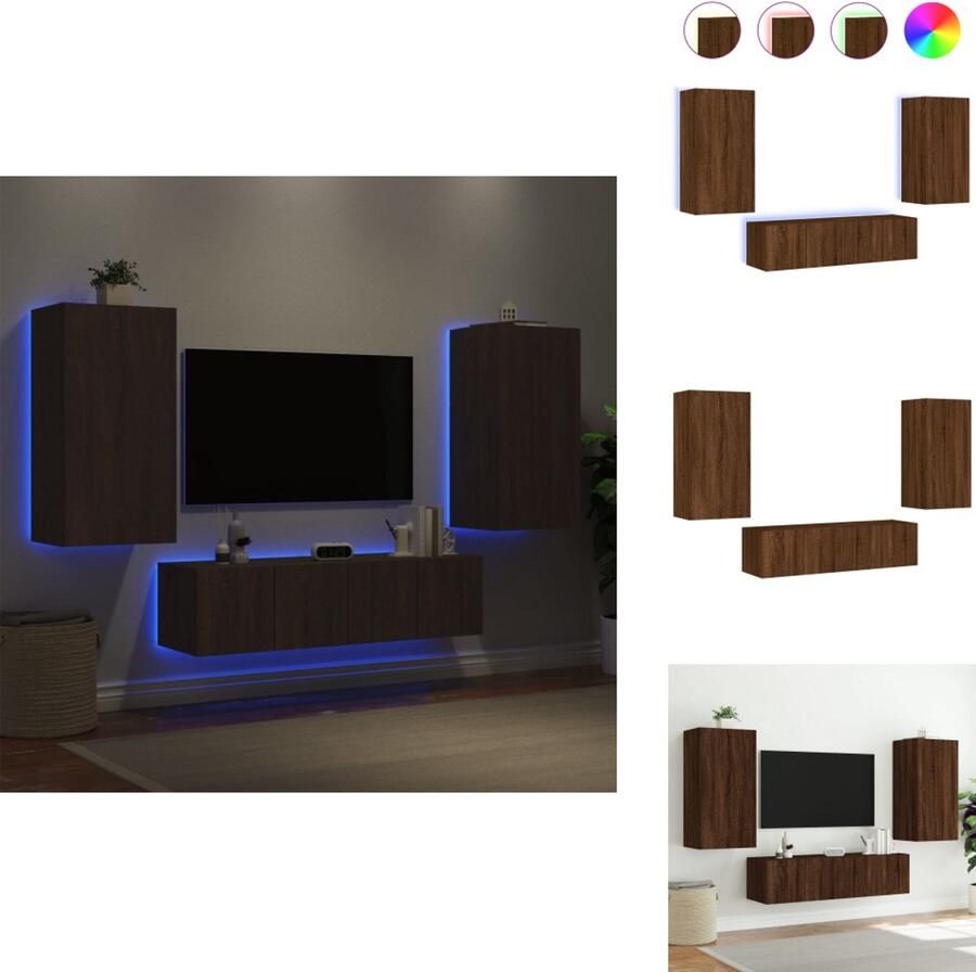 VidaXL Tv-wandmeubel Tv-wandmeubels Tv-meubel Televisiemeubel 4-delige Tv-wandmeubelset met LED bewerkt hout bruineikenkleur