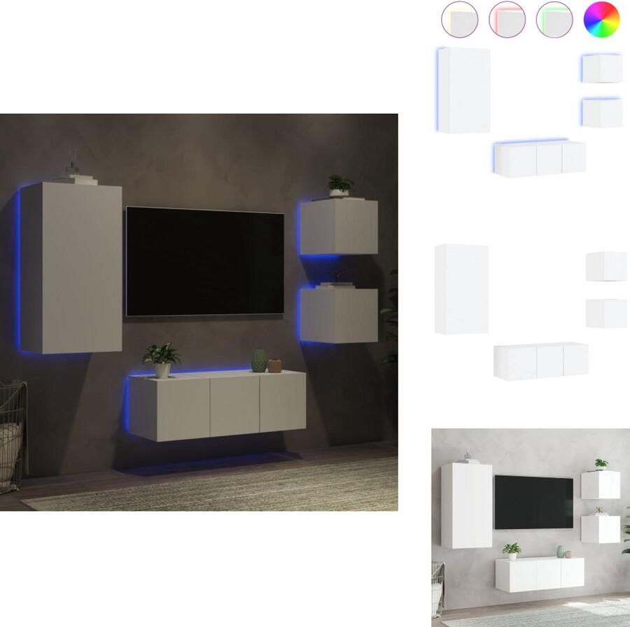 VidaXL Tv-wandmeubel Tv-wandmeubels Tv-meubel Televisiemeubel 5-delige Tv-wandmeubelset met LED-verlichting bewerkt hout wit