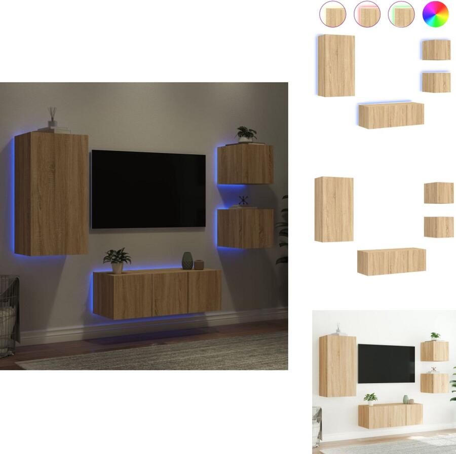 VidaXL Tv-wandmeubel Tv-wandmeubels Tv-meubel Televisiemeubel 5-delige Tv-wandmeubelset met LED bewerkt hout sonoma eiken