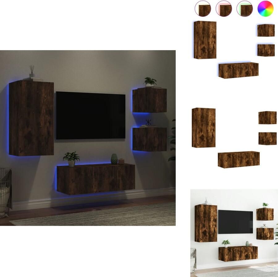 The Living Store 5-delige tv-wandmeubelset met LED bewerkt hout gerookt eiken Tv Meubel Wandmontage Led Verlichting Rgb Licht Houten Tv Kast - Foto 2