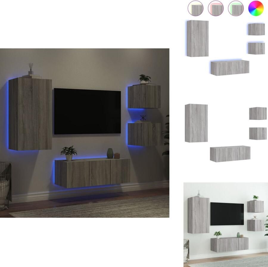 VidaXL Tv-wandmeubel Tv-wandmeubels Tv-meubel Televisiemeubel 5-delige Tv-wandmeubelset met LED grijs sonoma eikenkleurig