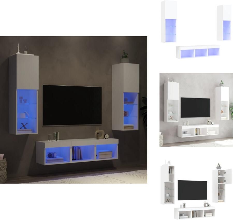 VidaXL Tv-wandmeubel Tv-wandmeubels Tv-meubel Televisiemeubel 5-delige Tv-wandmeubelset met LED-verlichting bewerkt hout wit