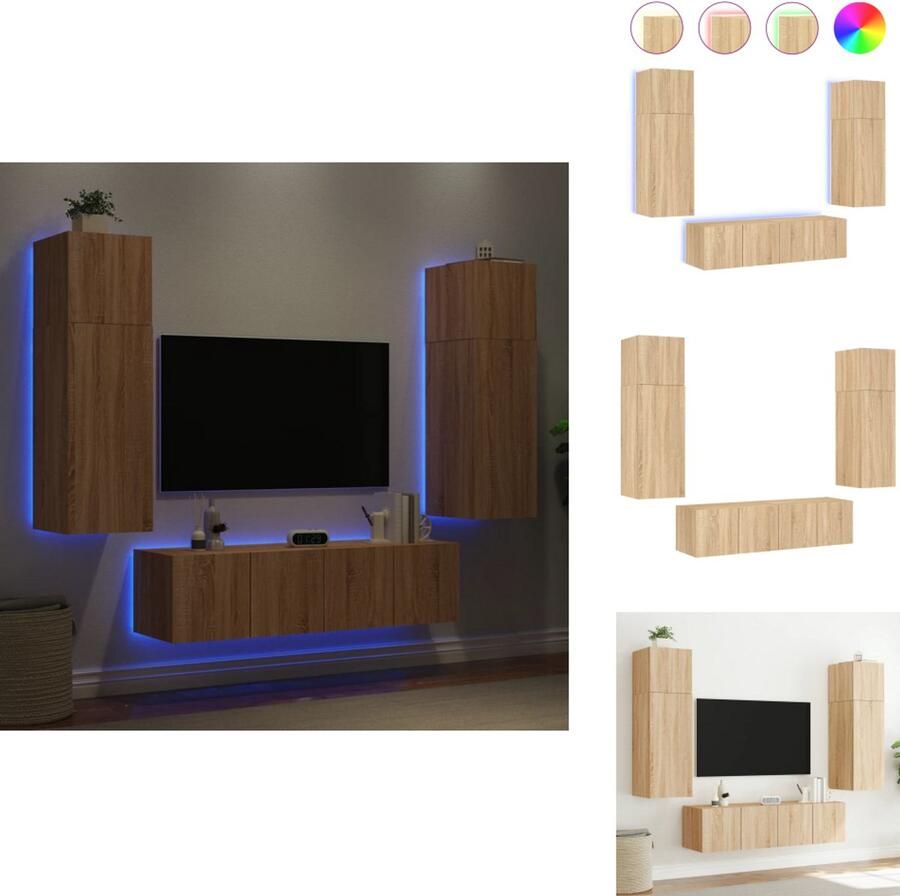 VidaXL Tv-wandmeubel Tv-wandmeubels Tv-meubel Televisiemeubel 6-delige Tv-wandmeubelset met LED bewerkt hout sonoma eiken