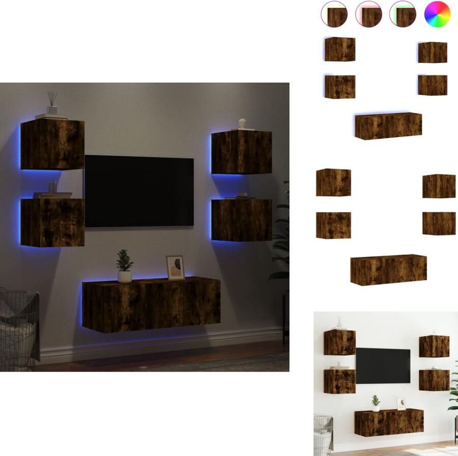 VidaXL Tv-wandmeubel Tv-wandmeubels Tv-meubel Televisiemeubel 6-delige tv-wandmeubelset met LED bewerkt hout gerookt eiken