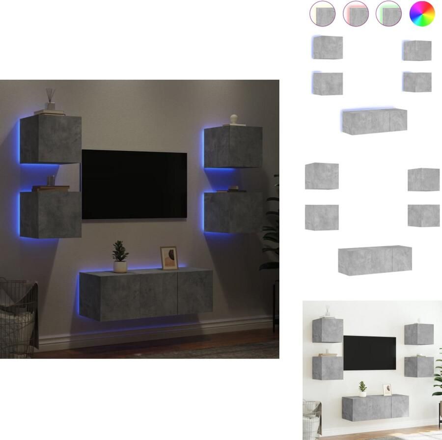 VidaXL Tv-wandmeubel Tv-wandmeubels Tv-meubel Televisiemeubel 6-delige Tv-wandmeubelset met LED bewerkt hout betongrijs