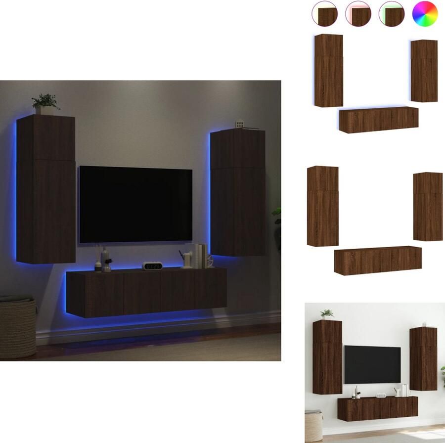 VidaXL Tv-wandmeubel Tv-wandmeubels Tv-meubel Televisiemeubel 6-delige Tv-wandmeubelset met LED bewerkt hout bruineikenkleur