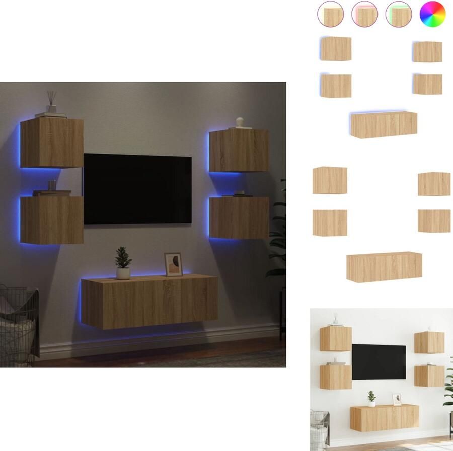 VidaXL Tv-wandmeubel Tv-wandmeubels Tv-meubel Televisiemeubel 6-delige Tv-wandmeubelset met LED bewerkt hout sonoma eiken