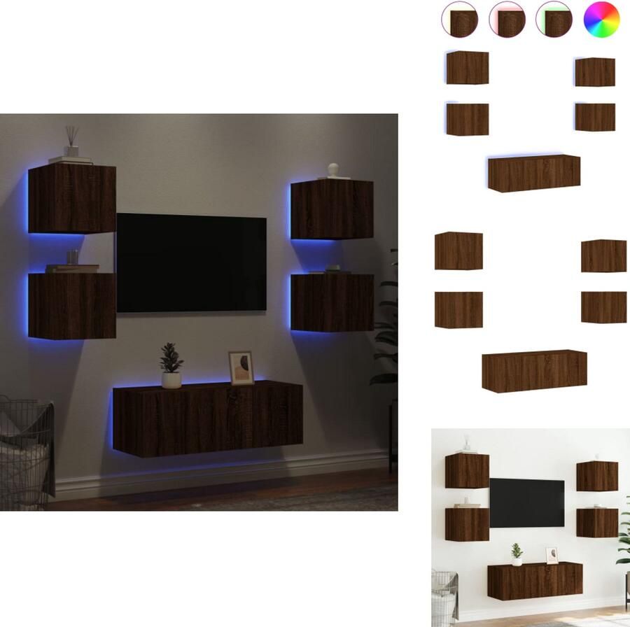 VidaXL Tv-wandmeubel Tv-wandmeubels Tv-meubel Televisiemeubel 6-delige Tv-wandmeubelset met LED bewerkt hout bruineikenkleur