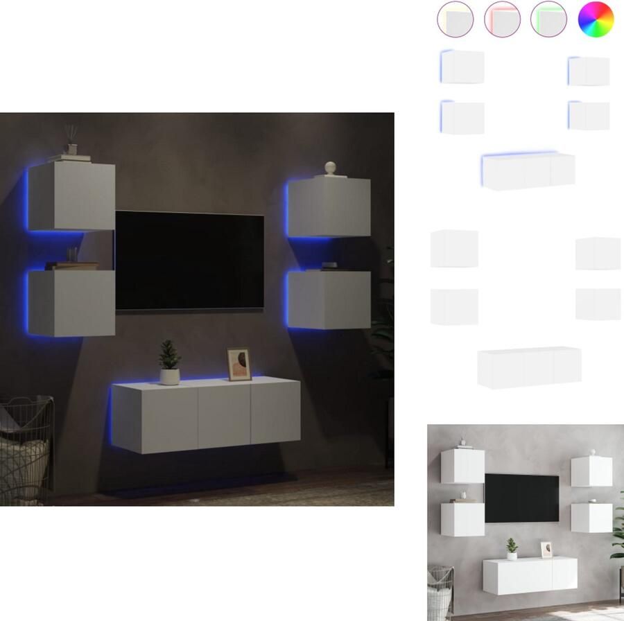 VidaXL Tv-wandmeubel Tv-wandmeubels Tv-meubel Televisiemeubel 6-delige Tv-wandmeubelset met LED-verlichting bewerkt hout wit