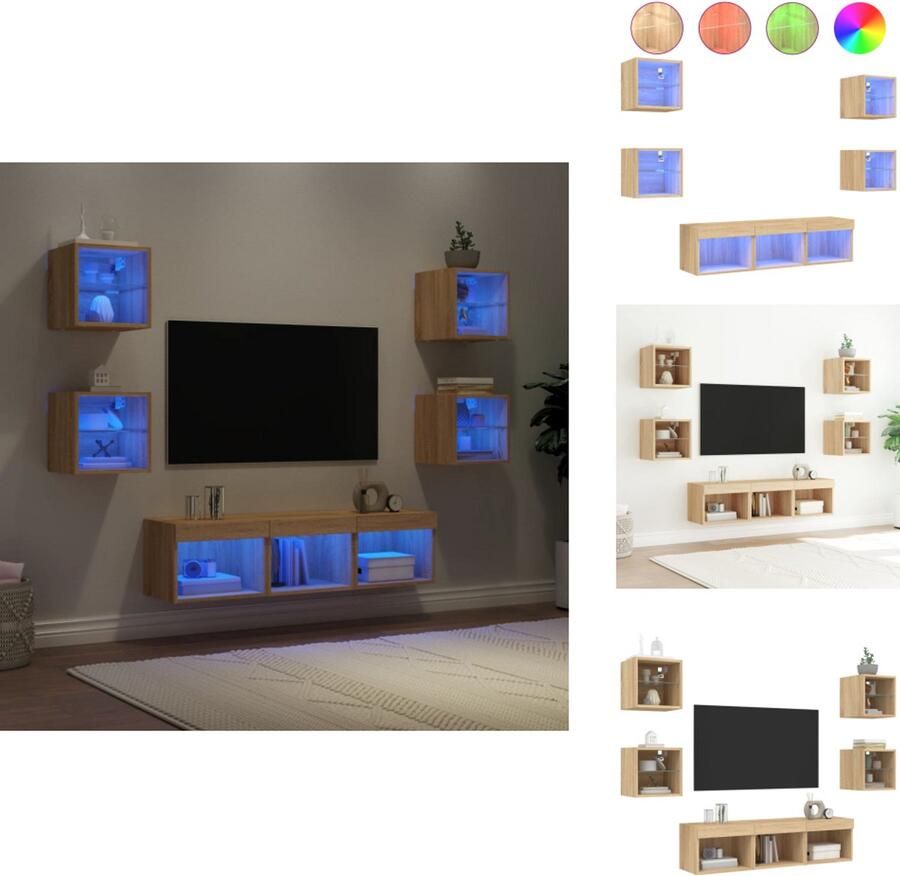 VidaXL Tv-wandmeubel Tv-wandmeubels Tv-meubel Televisiemeubel 7-delige Tv-wandmeubelset met LED bewerkt hout sonoma eiken