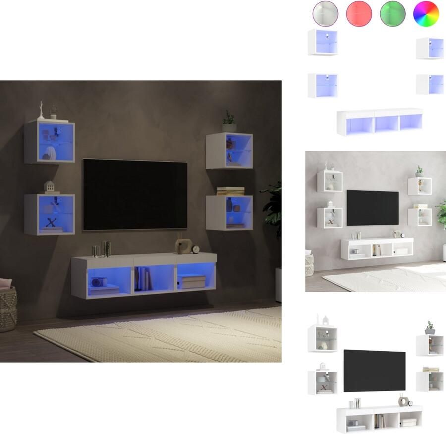 VidaXL Tv-wandmeubel Tv-wandmeubels Tv-meubel Televisiemeubel 7-delige Tv-wandmeubelset met LED-verlichting bewerkt hout wit