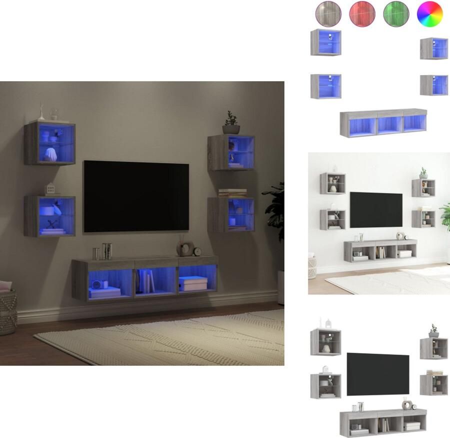 VidaXL Tv-wandmeubel Tv-wandmeubels Tv-meubel Televisiemeubel 7-delige Tv-wandmeubelset met LED bewerkt hout grijs sonoma
