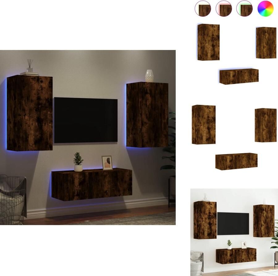 VidaXL Tv-wandmeubel Tv-wandmeubels Tv-meubel Televisiemeubel 8-delige tv-wandmeubelset met LED bewerkt hout gerookt eiken