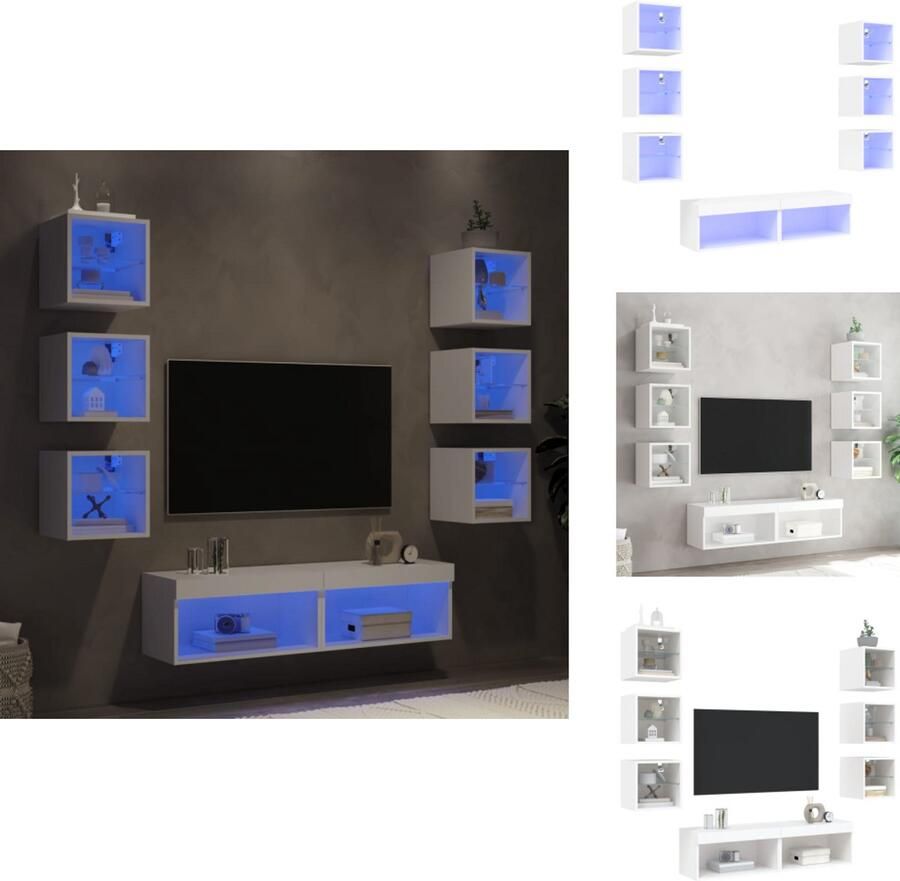 VidaXL Tv-wandmeubel Tv-wandmeubels Tv-meubel Televisiemeubel 8-delige Tv-wandmeubelset met LED-verlichting bewerkt hout wit