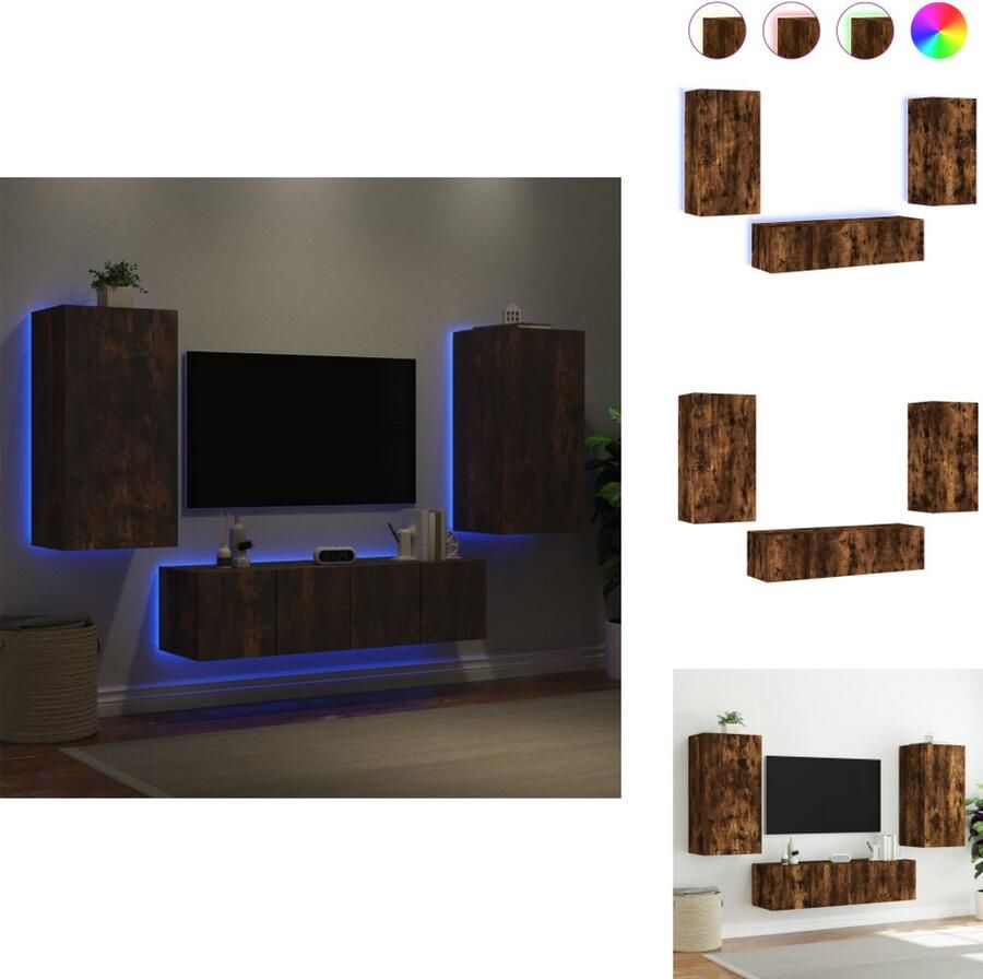 VidaXL Tv-wandmeubel Tv-wandmeubels Tv-meubel Televisiemeubel 8-delige tv-wandmeubelset met LED bewerkt hout gerookt eiken