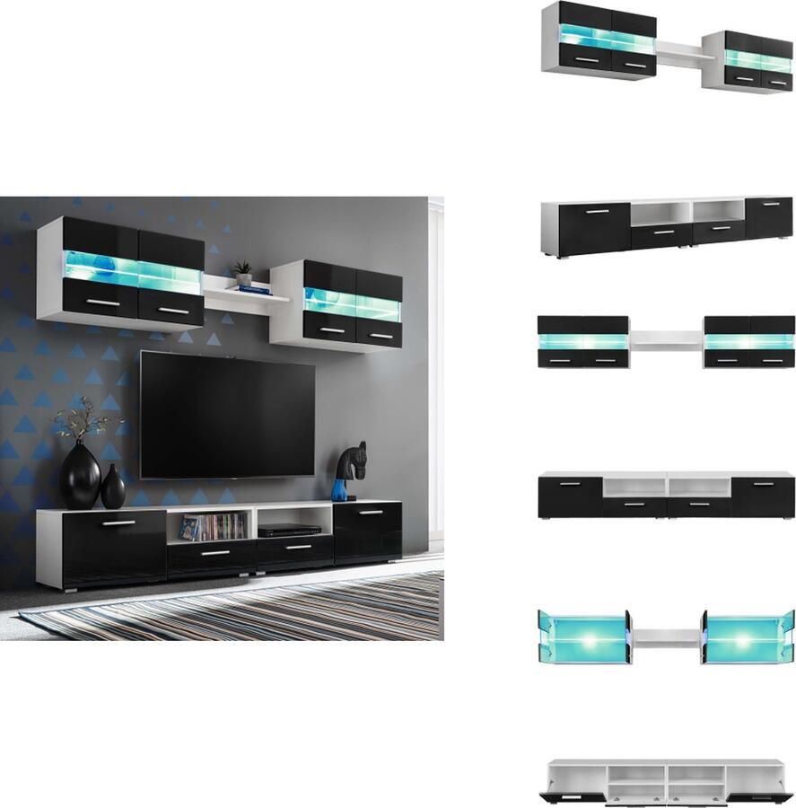 VidaXL Tv-wandmeubel Tv-wandmeubels Tv-wandmeubelen Tv-wandmeubilair Tv-wandmeubelset met LED-verlichting hoogglans zwart 5-delig