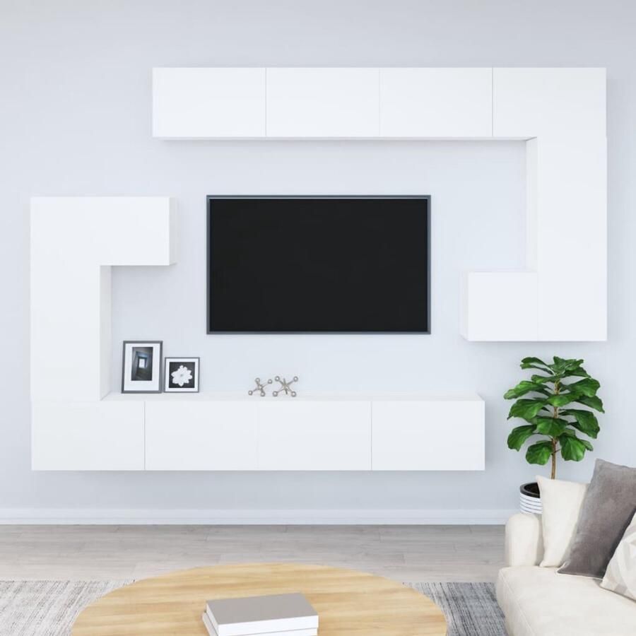 VidaXL Tv-wandmeubel Wit Bewerkt hout Set van 8 Televisiescherm Wandmontage Tv Kast Tv Meubel Tv Meubels Houten Tv Kast