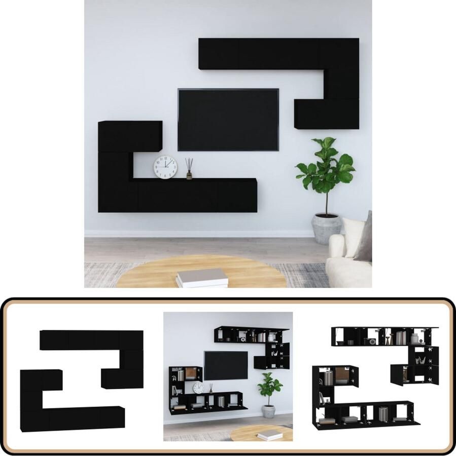 VidaXL Tv-wandmeubel zwart set van 8 stuks Tv-meubel Wandmeubel Houten Kast Opbergkast Zwart Minimalistisch Modern Industrieel