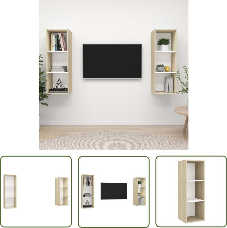 VidaXL Tv-meubel 2 stuks Wit en Sonoma eiken Televisiescherm Wandmontage Tv Meubilair Salontafel Woonkamer Decoratie Houten Tv Stand