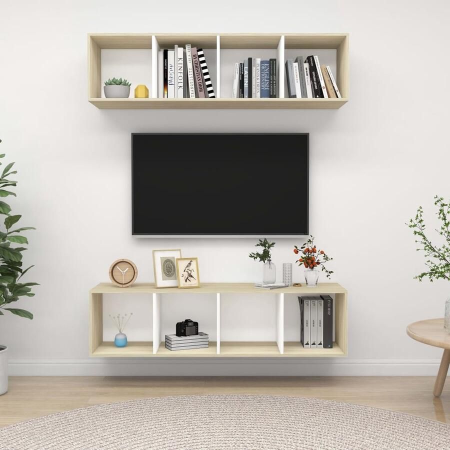VidaXL Tv-wandmeubelen 2 st wit en sonoma eiken Televisiescherm Tv-meubel Salontafel Livingroom Furniture Houten Tv-stand Witte Tv-kast Sonoma Eiken - Foto 2