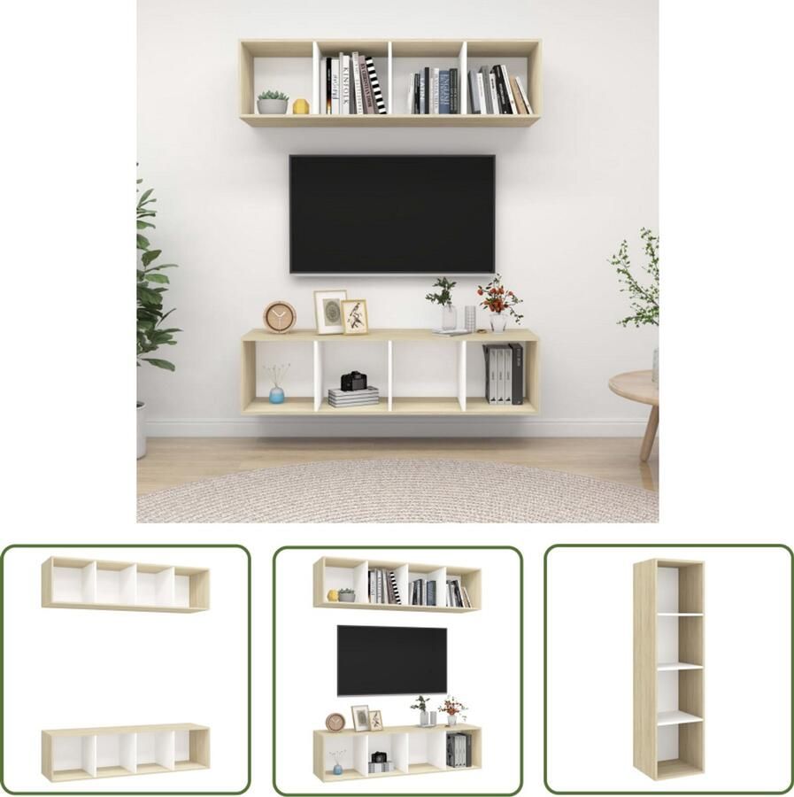 VidaXL Tv-wandmeubelen 2 st wit en sonoma eiken Televisiescherm Tv-meubel Salontafel Livingroom Furniture Houten Tv-stand Witte Tv-kast Sonoma Eiken