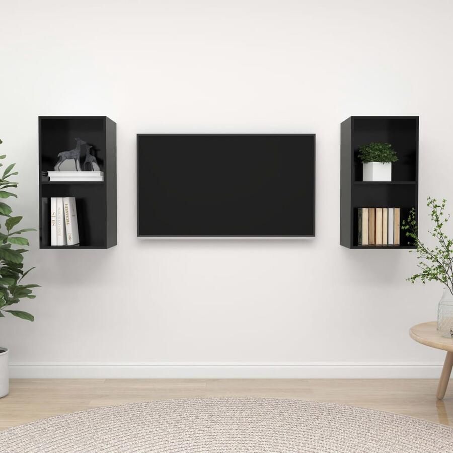 VidaXL Tv-wandmeubelen 2 stuks Hoogglans zwart Tv Wandmeubel Tv Kast Salon Meubilair Zwarte Tv Kast Houten Tv Kast Modern Tv Meubel Compact Tv Meubel Ruimtebesparend Tv Meubel Zwevende Tv Kast Hangend Tv Meubel - Foto 2