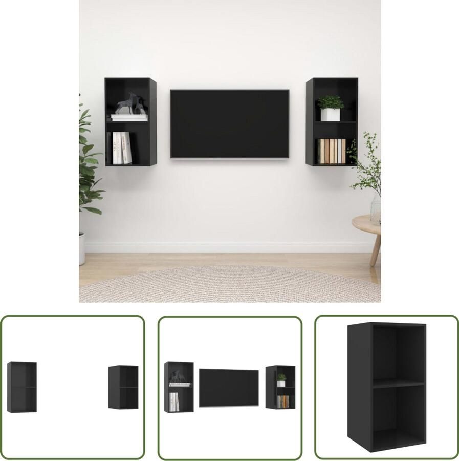 VidaXL Tv-wandmeubelen 2 stuks Hoogglans zwart Tv Wandmeubel Tv Kast Salon Meubilair Zwarte Tv Kast Houten Tv Kast Modern Tv Meubel Compact Tv Meubel Ruimtebesparend Tv Meubel Zwevende Tv Kast Hangend Tv Meubel