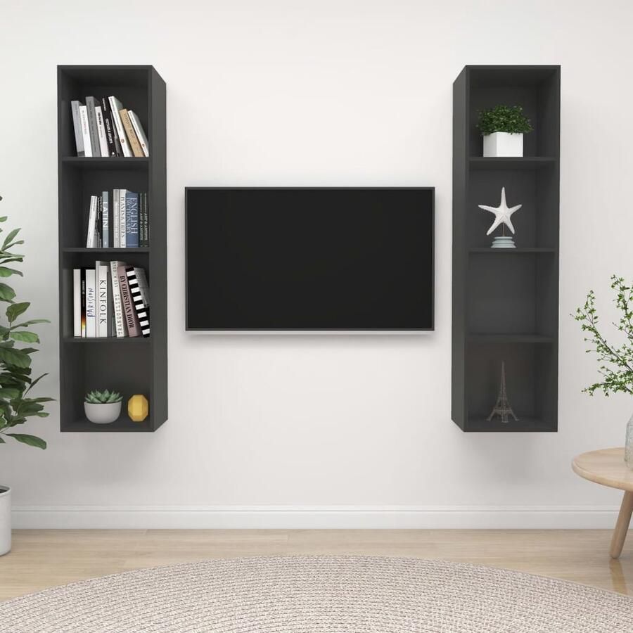 VidaXL Tv-wandmeubelen 2 stuks Spaanplaat Grijs Televisiescherm Wandmontage Tv Meubilair Tv Kast Tv Kasten Salontafel Woonkamer Decoratie Grijze Tv Kast Houten Tv Kast Media Kast Videowerkbank - Foto 2
