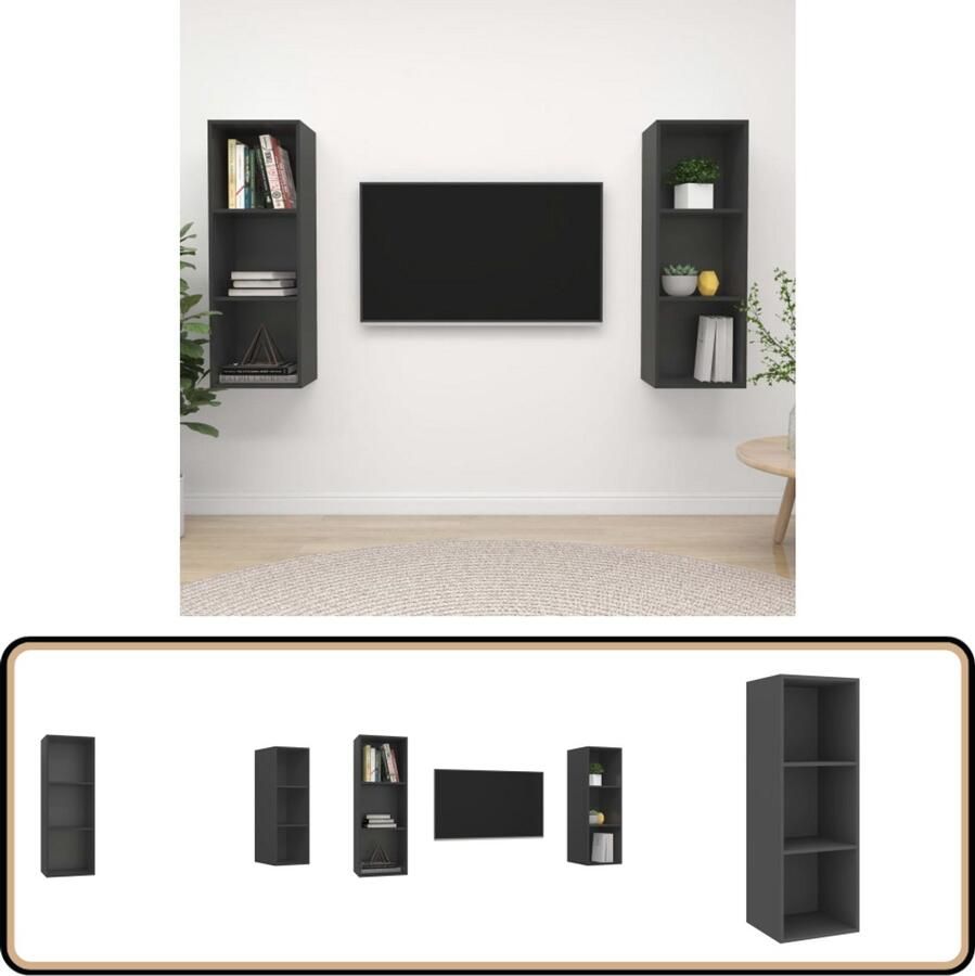 VidaXL Tv-wandmeubelen 2 stuks Spaanplaat Grijs Tv-meubel Wandmeubel Houten Tv-meubel Grijze Tv-kast Salon Meubilair - Foto 2