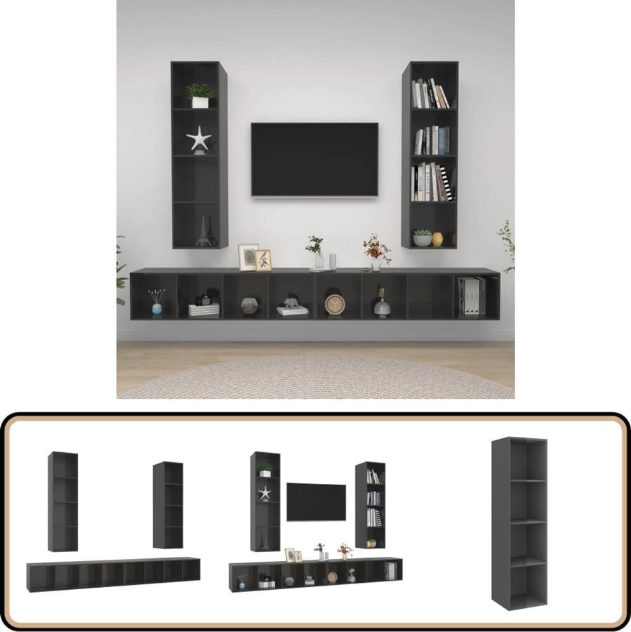 VidaXL Tv-wandmeubelen 4 stuks Hoogglans grijs Tv Wandmeubel Houten Tv Kast Grijze Tv Kast Salon Meubilair Media Kast