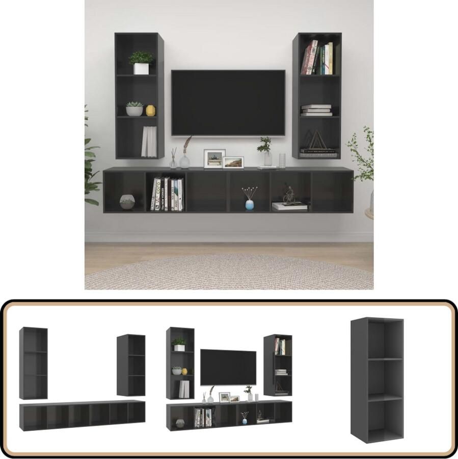 VidaXL Tv-wandmeubelen 4 stuks Hoogglans grijs Tv Wandmeubel Houten Tv Stand Grijze Tv Kast Salon Meubilair Woonkamer Decoratie