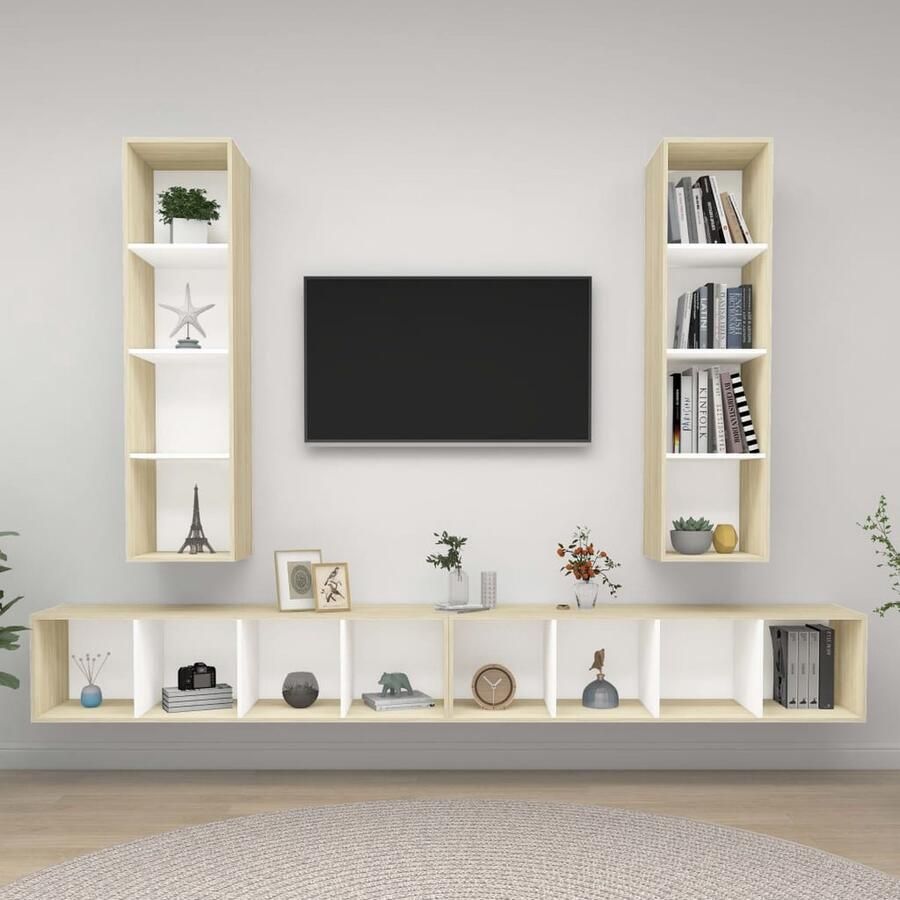 VidaXL Tv-wandmeubelen 4 stuks Wit en Sonoma Eiken Tv Wandmeubelen Tv Kasten Salontafel Livingroom Decor Houten Tv Stand Witte Tv Kast Sonoma Eiken - Foto 2
