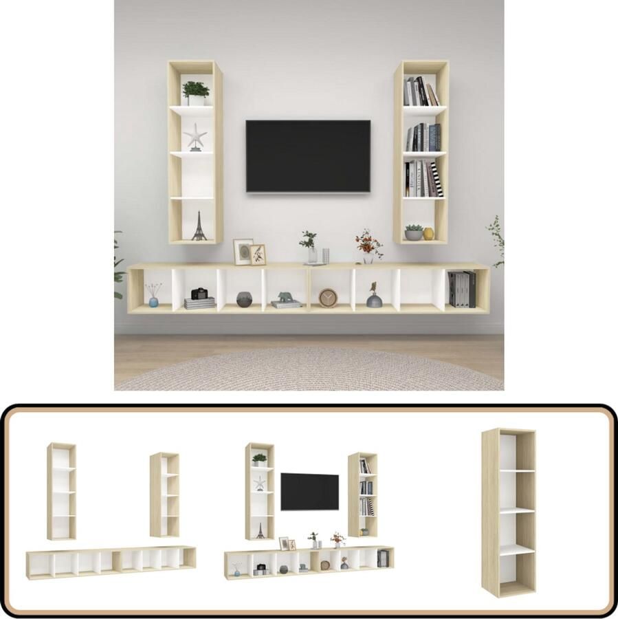 VidaXL Tv-wandmeubelen 4 stuks Wit en Sonoma Eiken Tv Wandmeubelen Tv Kasten Salontafel Livingroom Decor Houten Tv Stand Witte Tv Kast Sonoma Eiken