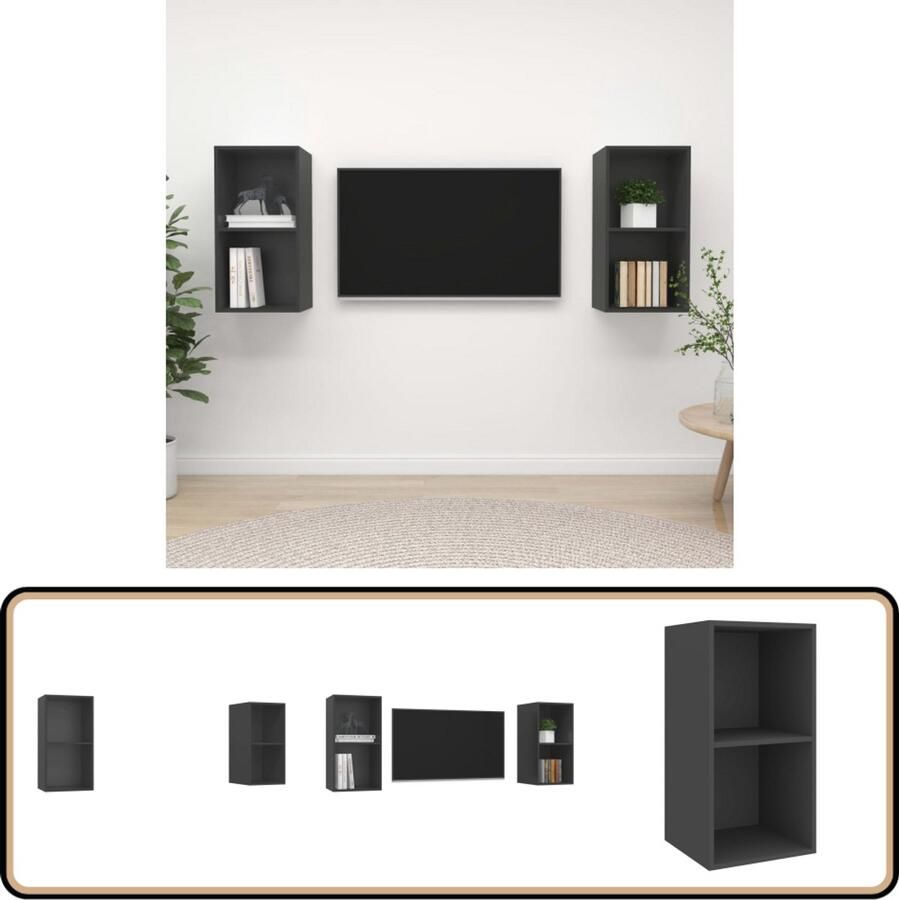 VidaXL Tv-wandmeubelen Grijs Set van 2 Spaanplaat Televisiescherm Wandmontage Tv Meubilair Tv Kast Salontafel Woonkamer Decoratie