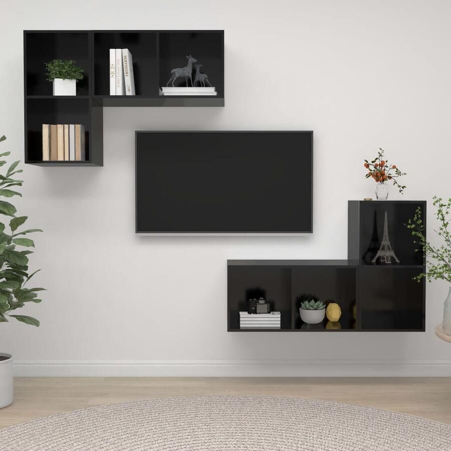 VidaXL Tv-wandmeubelen Hoogglans Zwart 4 stuks Tv-meubel Tv-kast Wandmontage Salontafel Livingroom Furniture Houten Tv-stand Modern Tv-meubel - Foto 2