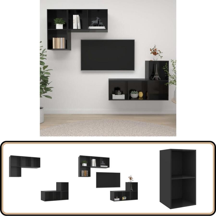 VidaXL Tv-wandmeubelen Hoogglans Zwart 4 stuks Tv-meubel Tv-kast Wandmontage Salontafel Livingroom Furniture Houten Tv-stand Modern Tv-meubel