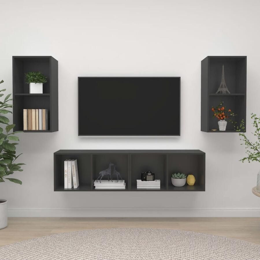 VidaXL Tv-wandmeubelen set 4 stuks grijs Tv Wandmeubel Houten Tv Kast Tv Meubel Grijs Salontafel Living Accessoires Videowerkbank Mediabox Entertainment Center Opslagruimte Tv Stand Tv Unit Modern Tv Meubel - Foto 2