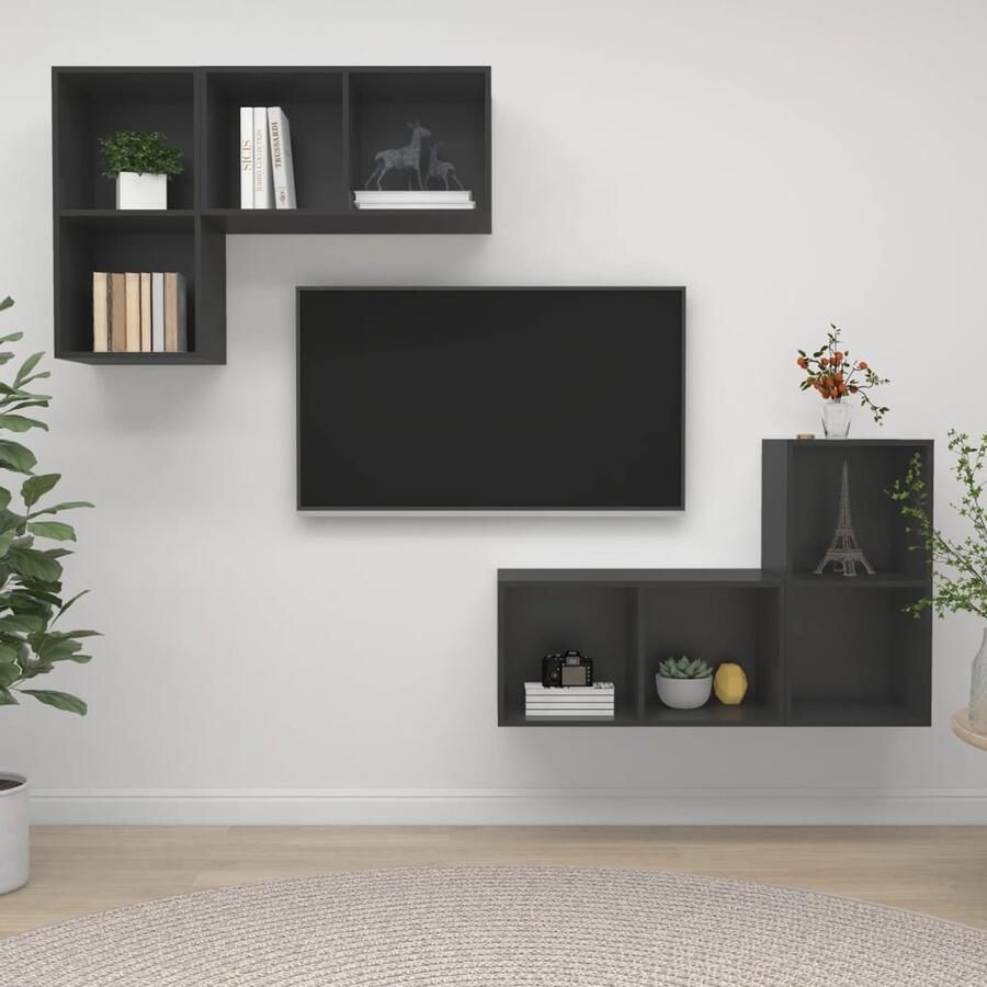 VidaXL Tv-wandmeubelen Set van 4 Spaanplaat Grijs Televisiescherm Wandmontage Tv Meubilair Tv Kast Salontafel Woonkamer Decoratie Grijze Tv Stand Houten Tv Kast Opbergruimte Tv Media Kast Videowerkbank Living Room Furniture