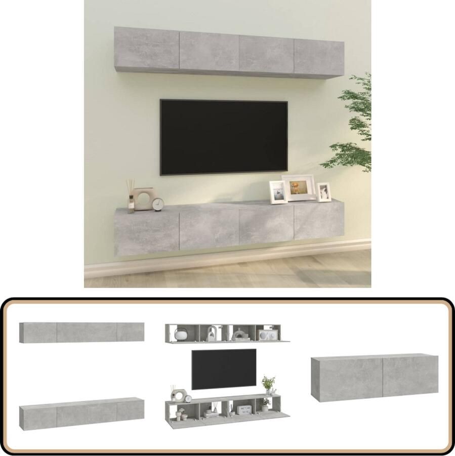 VidaXL Tv-wandmeubels 4 st Betongrijs 100x30x30 cm TV Kast Tv Wandplank Bewerkthout Grijze Tv Stand Opbergkast Media Kast