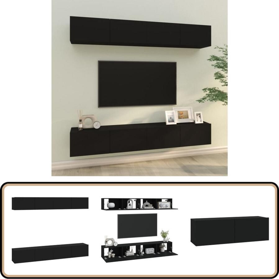 VidaXL Tv-wandmeubels 4 stuks Zwart 100x30x30 cm Tv Kast Wandkast Mediastand Houten Kast Zwarte Kast Klassieke Tv Stand