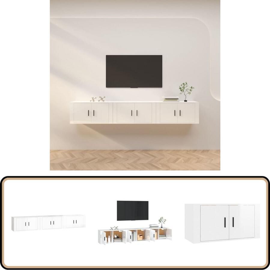 VidaXL Tv-wandmeubels Hoogglans Wit 3 stuks TV Meubel Wandmontage Houten Meubels Witte Meubels Tv Kast