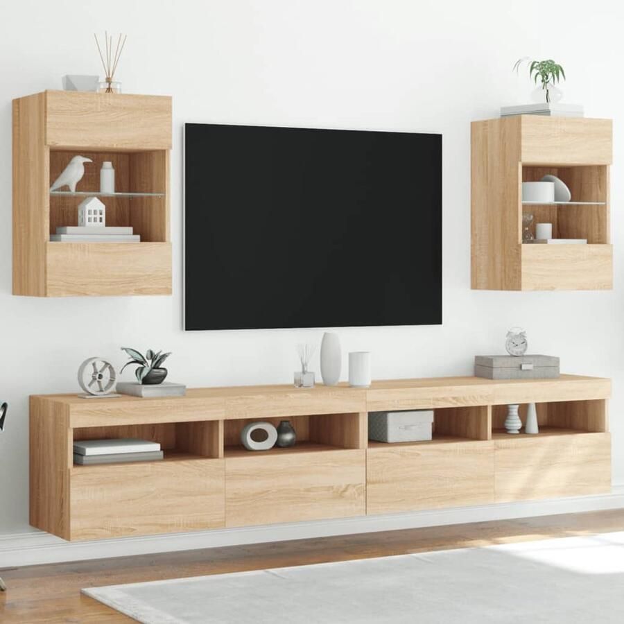 VidaXL Wandkasten met LED-verlichting voor tv 2 st 40x30x60 5 cm sonoma eikenkleurig